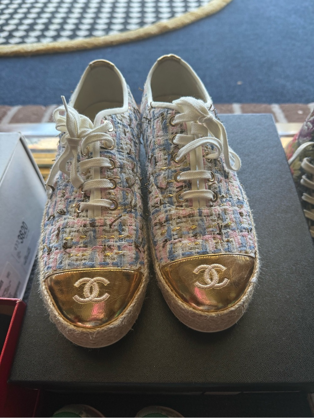 CHANEL Multicolor Tweed Sneakers with Gold Cap Toe size 40